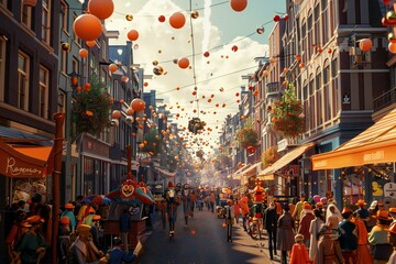 Joyful 3D render of a Dutch King’s Day street party with people dressed in orange, street performers, and festive decorations,  created by ai