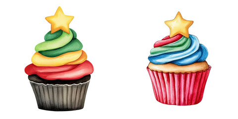 Colorful cupcakes with decorative frosting and star on top, white isolate background,Transparent background.