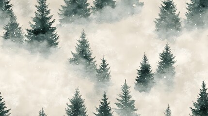 Fototapeta premium Minimalist watercolor painting of fir trees against a snowy landscape featuring soft green and white tones with an airy ethereal composition in a seamless repeating pattern This serene