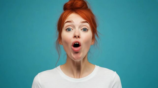 A young woman with vibrant red hair and a surprised expression shows her shock against a solid blue backdrop