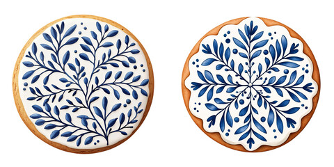 Decorative cookies with intricate blue floral patterns on a white background.,Transparent background.