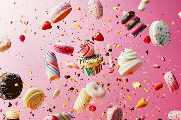 Various types of colorful Dessert falling with flakes or crumbs in the air on pink background , created by ai