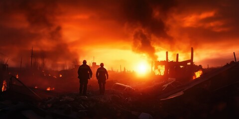 Fototapeta premium Two silhouetted firefighters walk through a devastating and fiery landscape with smoke and ruins, representing bravery and emergency response at dusk.