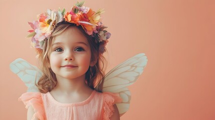 A portrait of a young girl dressed up as a whimsical fairy with wings and a crown headpiece set against a plain peach studio background  The image captures a sense of wonder imagination