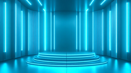 Obraz premium Bright blue glowing stage interior with vertical lighting elements, creating a futuristic atmosphere for events or performances