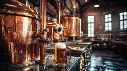 a brewpub brewing process showcasing large copper kettles and hops being added, emphasizing the craftsmanship behind craft beer