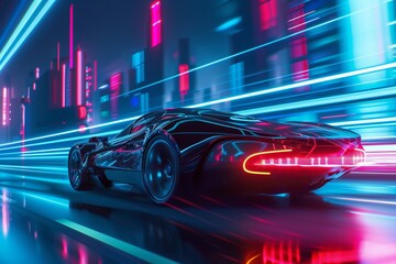 Rear view of a futuristic sports car in neon colors driving fast on the highway, created by ai