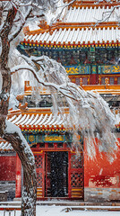 photography techniques, snow-covered willow tree against red forbidden city walls captured using canon eos r with wide-angle lens, in chinese minimalist style, with snowfall