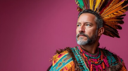 Obraz premium Portrait shot of a middle aged man dressed in a traditional and vibrant Aztec warrior costume including an ornate feathered headdress against a plain mauve studio background The man has a serious