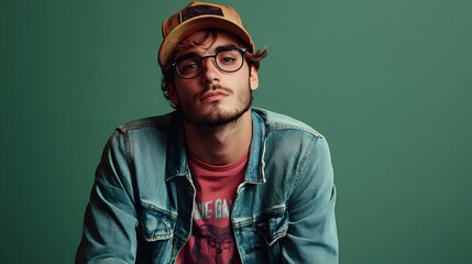 Portrait shot of a passionate young adult male model wearing a bold graphic t shirt and distressed denim jeans