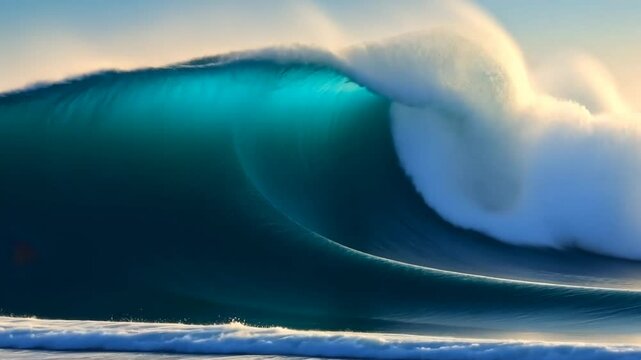 Powerful blue ocean wave crashing at sunrise in seamless looping 4k time-lapse video background.