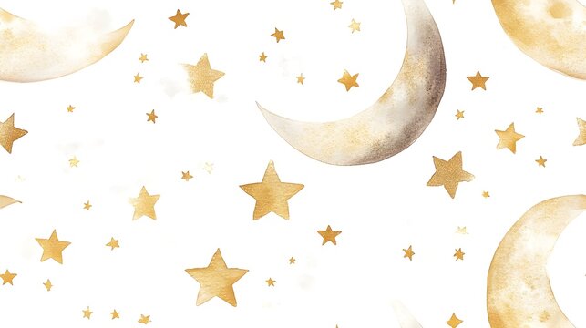 Delicate watercolor stars and crescent moon in soft gold tones with a minimalistic and airy design on a serene white background creating a seamless celestial pattern