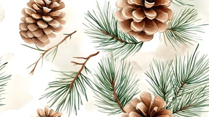 Fototapeta premium Minimalist watercolor pine branches and pinecones seamless pattern in soft green and brown tones Airy natural design with a cozy rustic feel Perfect for holiday Christmas or winter themed decor