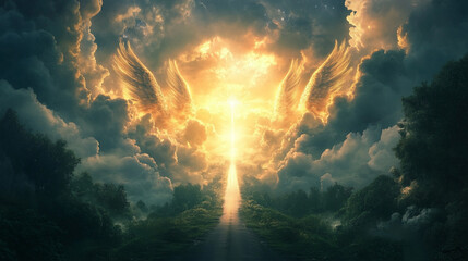 the path to the gates of heaven with angel wings