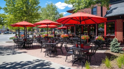 Outdoor Dining Area with Red Umbrellas and Flowers