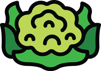 This colorful icon depicts a head of cauliflower growing on a stalk with large leaves