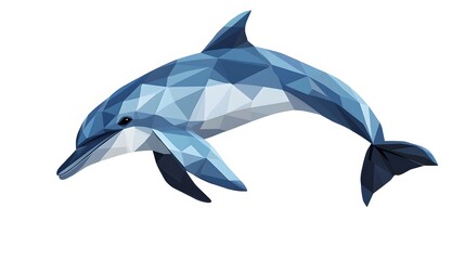 Fototapeta premium Stylized low-poly dolphin, full-body, depicted with smooth, angular shapes in shades of blue and gray, leaping against a white background, the clean lines and geometric design add a modern, playful