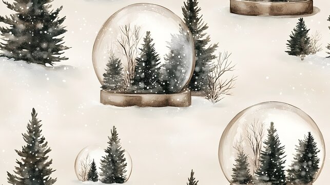 Seamless pattern with simple watercolor snow globes containing whimsical Christmas trees set against a muted light beige background with minimal details and a vintage cozy feel