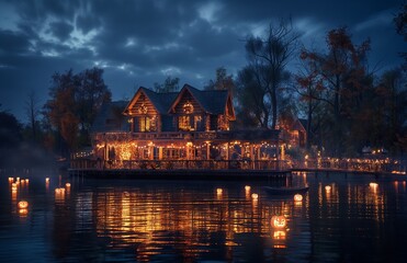 Fototapeta premium A large manor decorated for Halloween.