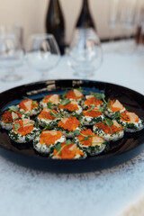 Wedding party. Buffet table with vegetables and fruits.