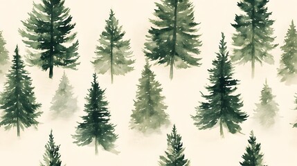 Serene and peaceful watercolor featuring a seamless pattern of minimalist evergreen trees in muted green and beige tones  The natural earthy and organic design creates a calming woodland atmosphere
