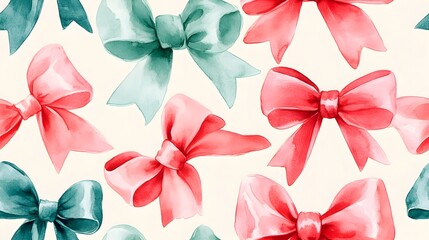 Soft Watercolor Presents with Minimalistic Bows in Red and Green Hues on a Light Pastel Background Seamless Design Pattern