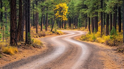 Obraz premium A winding dirt road through a forest with fall foliage.