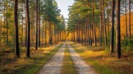 Obraz premium A dirt path winds through a dense forest of tall pine trees, bathed in the warm glow of the setting sun