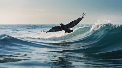 Fototapeta premium A bird soaring gracefully above the waves during a serene sunset along the tranquil ocean coast