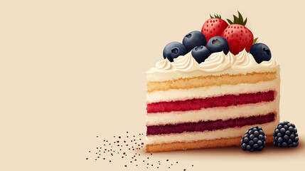 A flat vector slice of layered cake with whipped cream and fruit on top, representing National Dessert Day. Copy space on the right