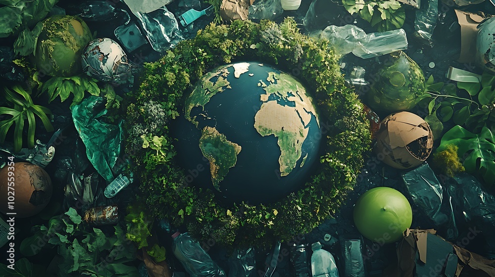 Wall mural A globe surrounded by greenery amidst waste, highlighting environmental issues and sustainability.