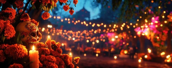 A vibrant night scene featuring marigold flowers, candles, and decorations, creating a festive atmosphere adorned with lights.