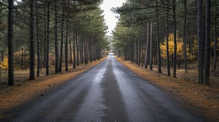 Obraz premium A long, straight road through a forest of pine trees, with fallen leaves on the ground and a misty atmosphere.