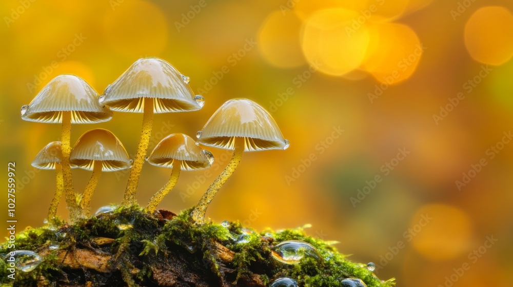 Poster Delicate Mushrooms on a Mossy Surface with Bokeh Background