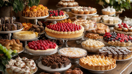 A beautifully arranged dessert buffet with cakes, pies, pastries, and cookies. Copy space in the upper area