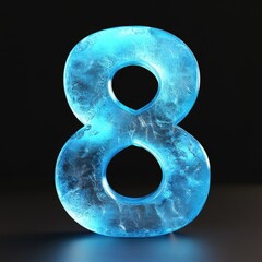 3D number 8 with blue frost texture realistic modern design, soft lighting, blac background 