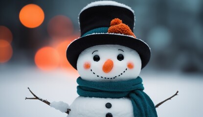 A happy snowman dressed in a scarf and black top hat stands among snow-covered trees. This cozy, peaceful winter scene is ideal for holiday greetings, seasonal advertising