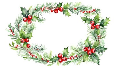 A festive Christmas wreath made of green pine branches, holly leaves, and red berries, arranged in a circular shape. The design is ideal for holiday decorations, seasonal greeting cards
