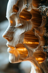Obraz premium A wooden sculpture of a face with a hole in the middle. The face is carved out of wood and has a unique design. The sculpture has a sense of mystery and intrigue