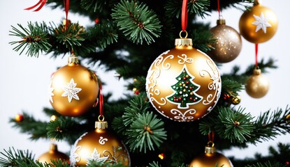 A close-up of a Christmas tree, festively decorated with shiny baubles in hues of red, gold, and white, along with sparkling lights, offering a magical and joyful holiday vibe suitable