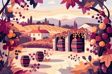 Vibrant vineyard landscape with wine barrels in autumn setting
