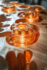 A wooden table with a lot of gears on it. The table is made of wood and has a lot of gears on it