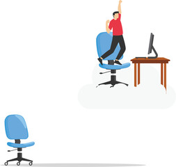 Fototapeta premium Dream job, perfect workplace or career success, opportunity for the best job, superhero businessman working on dream job at his desk on the clouds.