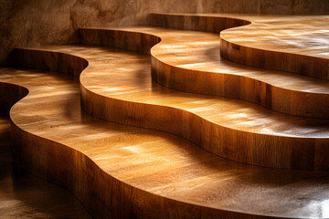 Fototapeta premium A staircase made of wood, with each step being a different size. The steps are arranged in a way that creates a sense of depth and movement, as if the staircase is flowing down a hill