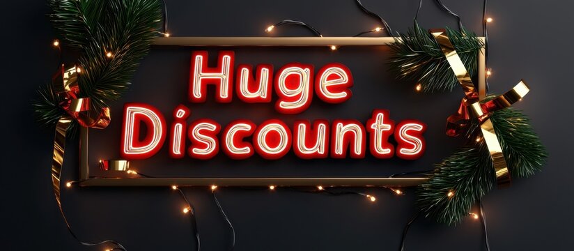Bright and festive Huge Discounts sign adorned with greenery and lights, perfect for holiday promotions and sales events, creating cheerful shopping atmosphere