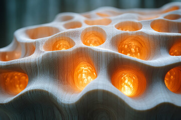 A wooden sculpture with many holes and a yellow light inside. The sculpture has a unique and abstract appearance, with the holes and light creating a sense of depth and movement