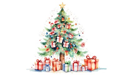 Fototapeta premium A festive Christmas tree adorned with colorful baubles, twinkling lights, and neatly wrapped gifts at the base. This holiday-themed image evokes a cheerful and cozy atmosphere