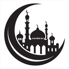 Black silhouette of a grand mosque with minarets and dome, clear and detailed on a pure white background 