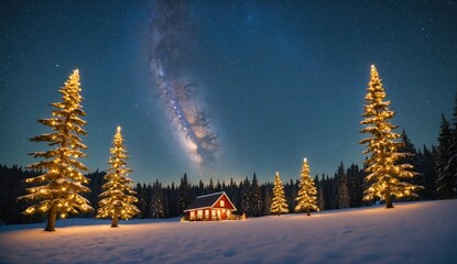 Fototapeta premium A charming wooden house with snow-covered rooftops and trees illuminated by festive lights, creating a warm and inviting holiday atmosphere. Ideal for seasonal designs, holiday cards