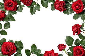 A beautiful arrangement of red roses and green leaves on a white background, perfect for romantic designs.